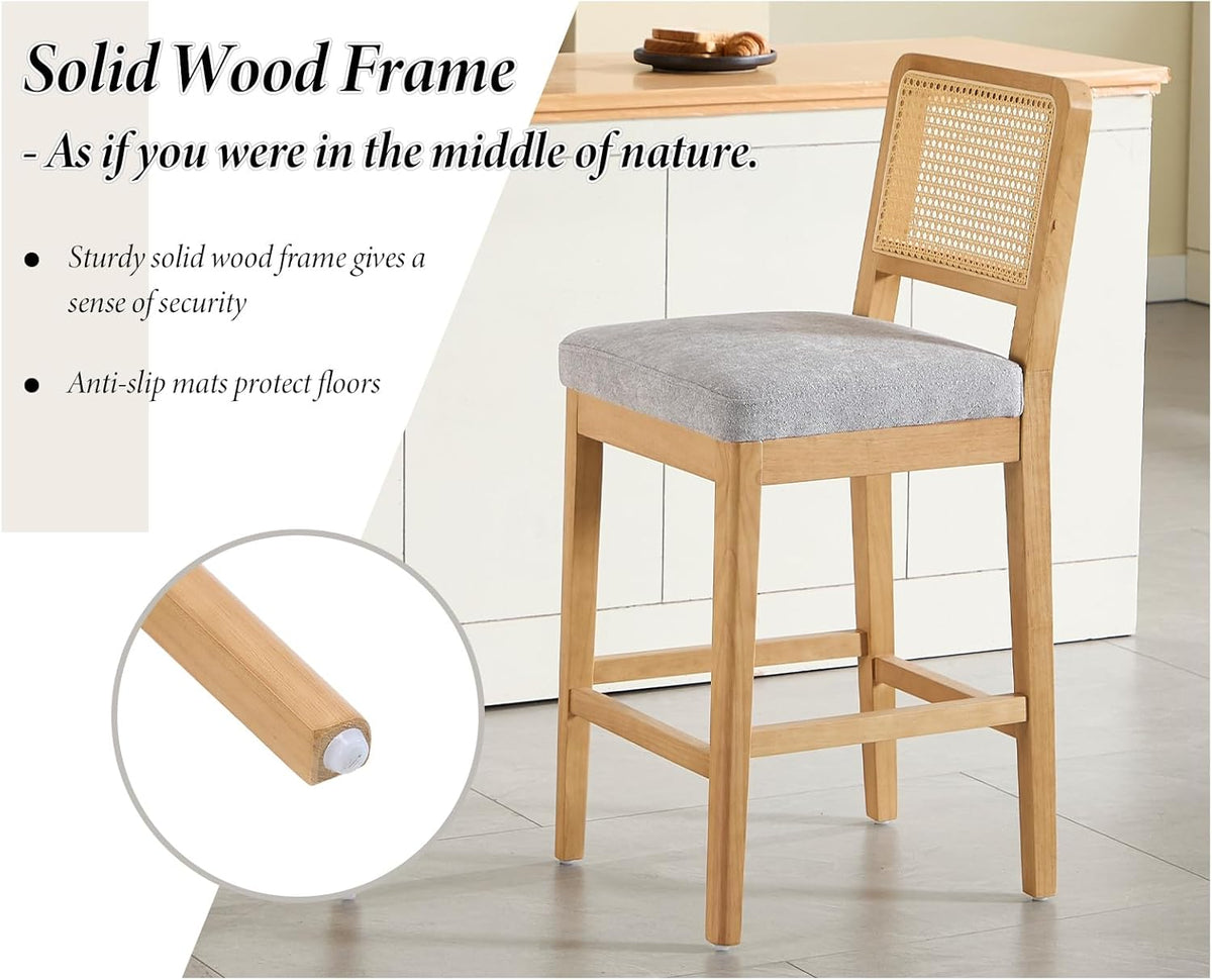 Barstoelen – Barkrukken – Keukenstoelen – Eetkamerstoelen – Set van 2 – Rieten Rugleuning – Comfortabele Chenille Zitting – Massief Houten Poten – Grijs-Naturel - QUORE