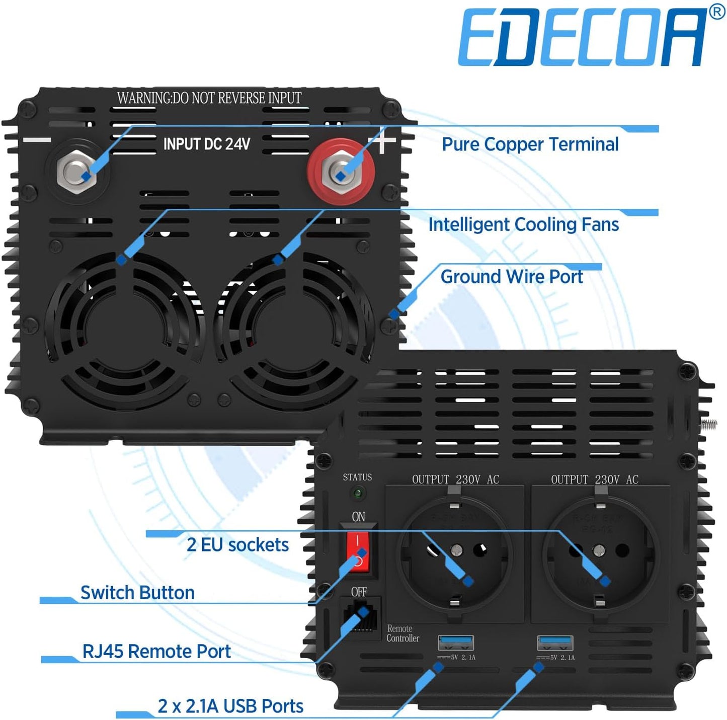 EDECOA 2000W/4000W omvormer 24v 230V Volt Spanningsomvormer met Nieuwe Afstandsbediening 2X USB voor Zonnepaneel Auto Camper