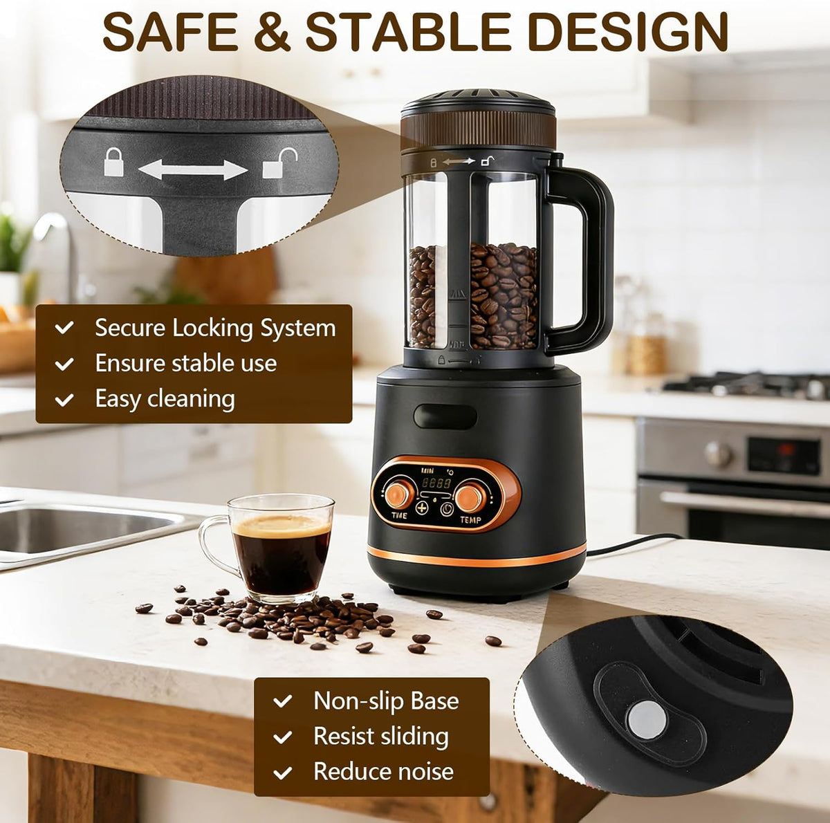 Koffiebrander met hete lucht, 200 g, 2200 W, automatische roostermachine voor koffiebonen, gedeelde koffiebonen, timer en timer traploos regelbaar, ideaal voor thuis en café