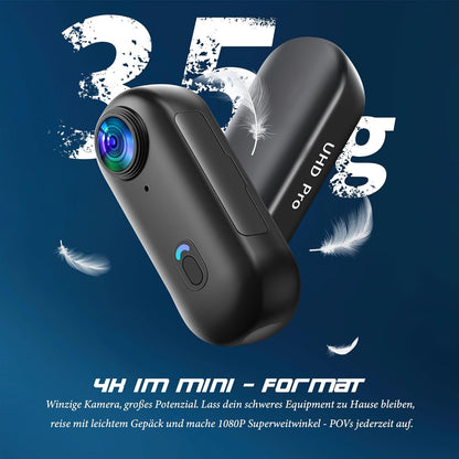 Mini Action Cam WiFi 4K onderwatercamera, waterdicht tot 30 m handsfree voor overal 360° helmcamera voor motorfiets, fiets, bodycam, mini-camera