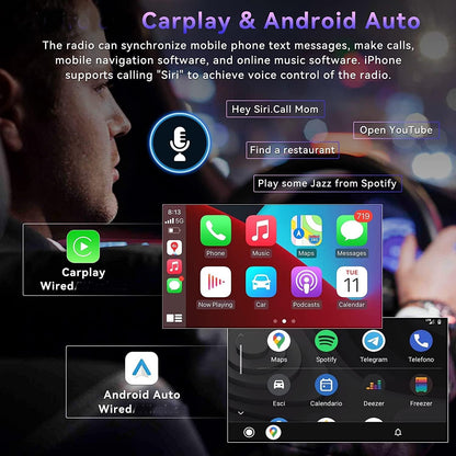 Bluetooth autoradio 1 DIN met Carplay Android Auto, 9 inch afneembaar touchscreen met kleurrijke lichten FM SWC Mirror Link + achteruitrijcamera