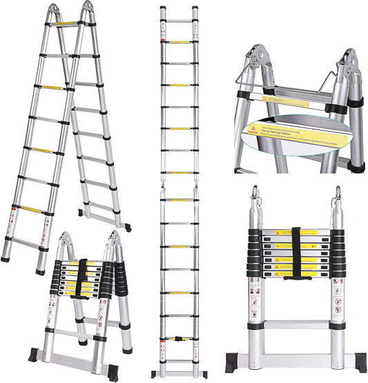 Telescoopladder, uitschuifbare ladder, van hoogwaardige aluminium ladder, multifunctionele ladder, telescopisch design, tot 150 kg belastbaar (5 m, 2,5 + 2,5 mm)