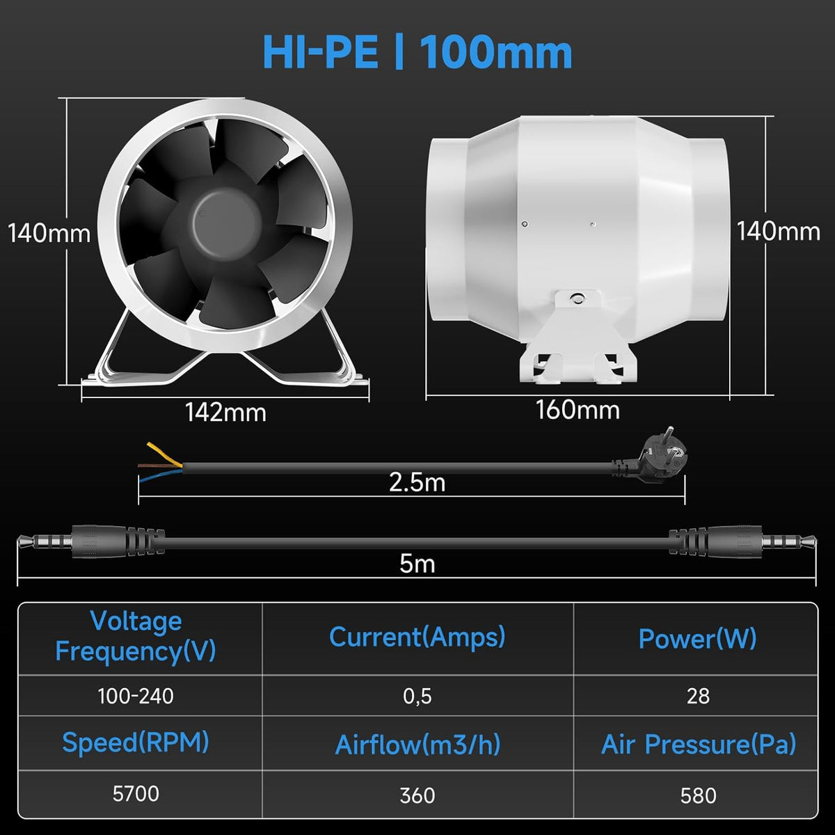 Afvoerluchtset – Ventilatieset – Buisventilator – Koolstoffilterset – Afzuigset – 100 mm Met Toerentalregelaar – EC-Motor – Tot 360 m³/u