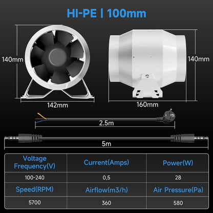 Afvoerluchtset – Ventilatieset – Buisventilator – Koolstoffilterset – Afzuigset – 100 mm Met Toerentalregelaar – EC-Motor – Tot 360 m³/u
