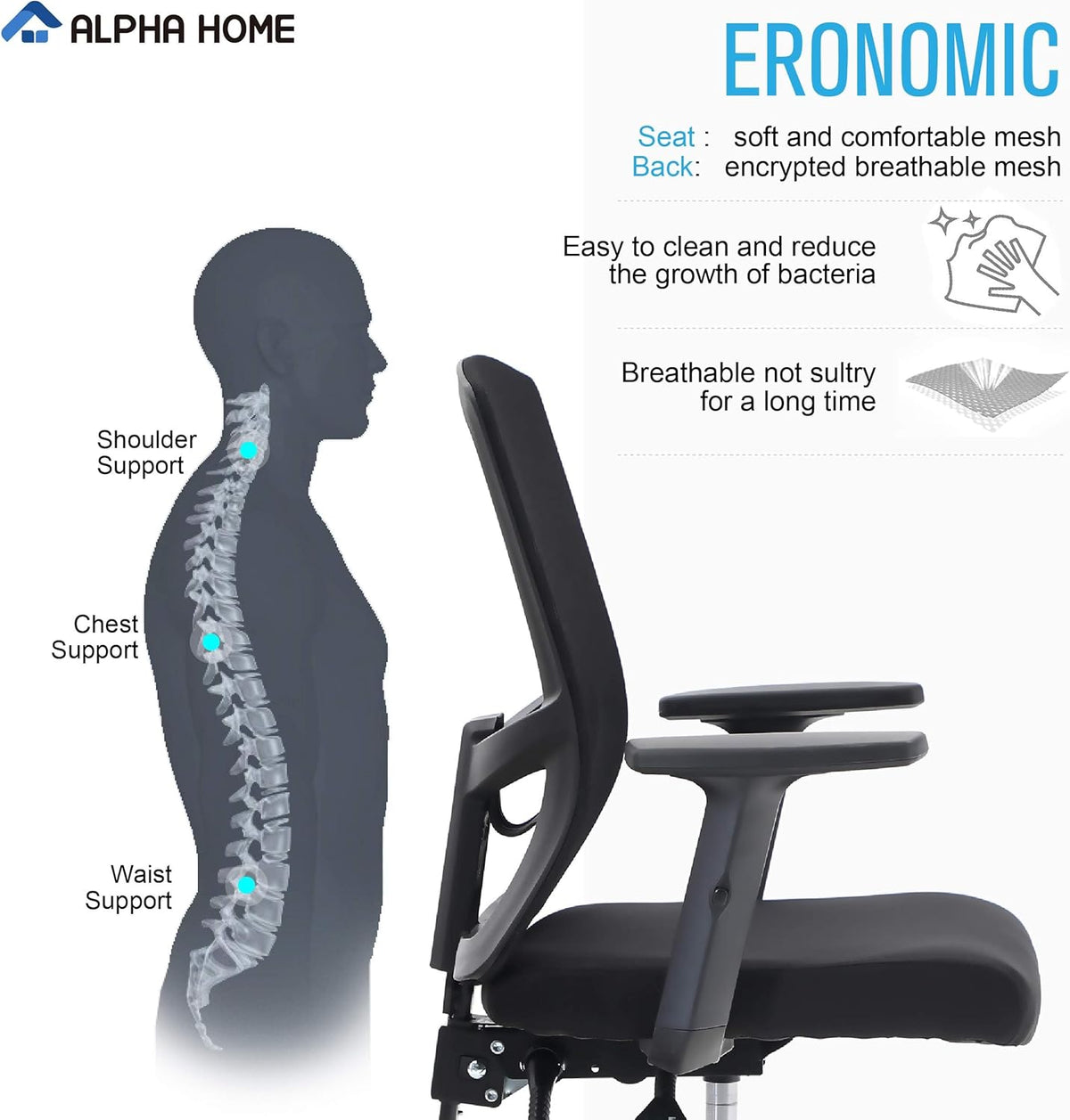 ALPHA HOME Office Chair, Ergonomic Height Adjustable Swivel Chair, Computer Office Chair with Adjustable Lumbar Support, Armrest, Tilt Function, Up to 160 kg Load Capacity