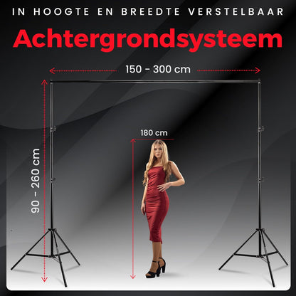 Green screen (3 x 3 m) met Achtergrondsysteem (3 x 2,6 m) - Fotostudio Set - Inc.Wit en Zwart achtergronddoek, Softbox, Paraplu’s, Lamphouders, LED lampen, Reflectiescherm & Draagtas