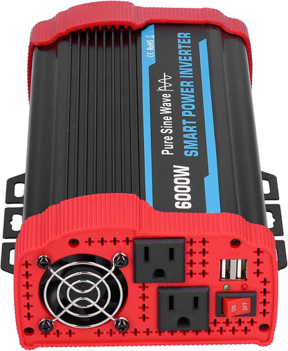 6000 W Continu/12000 W Piekvermogenomvormer, DC 12V Naar 220V-240V AC-converter Ingebouwde 4 Koelventilatoren, Universele Zuivere Sinusomvormer voor 12V-voertuigen, Campers, Vrachtwagens, Campers