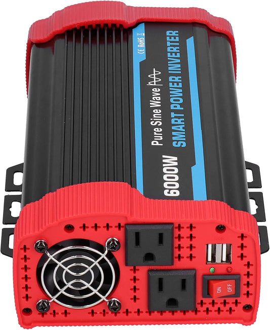 6000 W Continu/12000 W Piekvermogenomvormer, DC 12V Naar 220V-240V AC-converter Ingebouwde 4 Koelventilatoren, Universele Zuivere Sinusomvormer voor 12V-voertuigen, Campers, Vrachtwagens, Campers