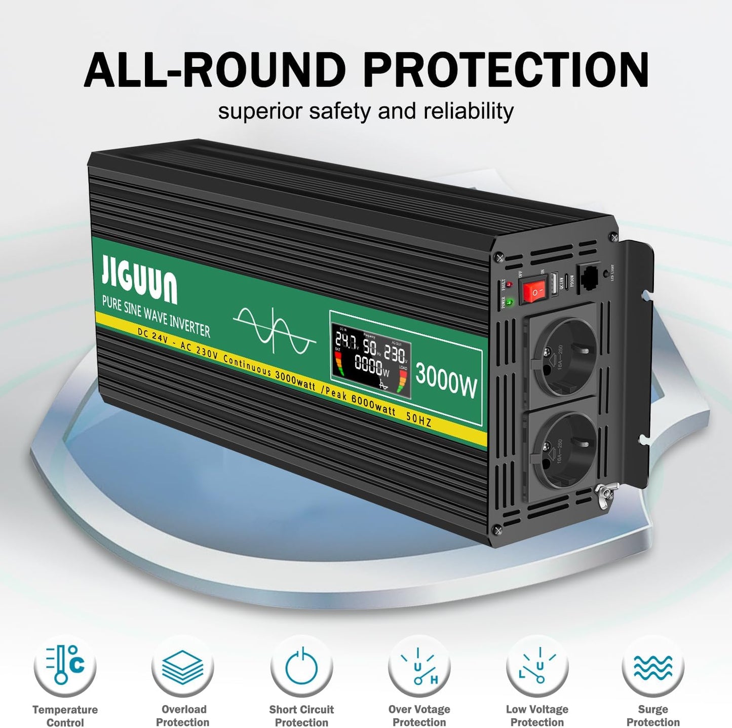 JIGUUN 3000W/4000W omvormer 24v naar 230v zuivere sinus Converter power inverter met afstandsbediening LCD-scherm 2 Eu-stopcontact & 1 USB-poort voor auto, camping, reizen,noodgeval