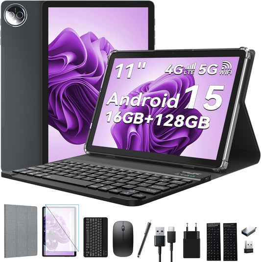 Tablet Android 15 11 Inch, 16GB RAM+128GB ROM (1TB uitbreidbaar), Octa-Core, Accu 8000mAh, 4G LTE+5G WiFi, Dual SIM, 13MP+8MP, GPS, Tablet met Toetsenbord,Muis,Stylus, Grijs