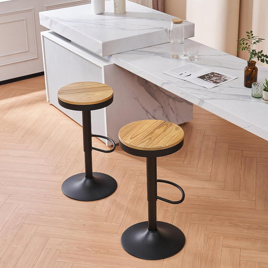 YOUNIKE Bar Stool, Set of 2, Wooden Bar Stool, High Bar Stool, Metal Frame, 360° Height Adjustable, Rotatable, with Footrest, Industrial Black - QUORE