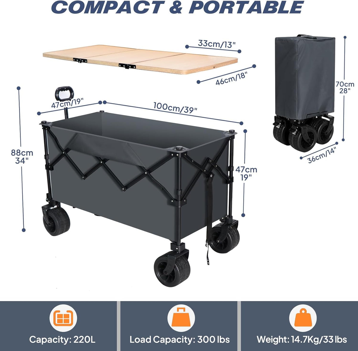 Chihee Handwagen, tuinwagen, inklapbaar, buiten, hulpprogrammawagen, strandwagen, 220 l, zeer belastbaar, draagbaar, alle terreinwielen, oversized tas, 1 inklapbaar bureau, 2 bekerhouders