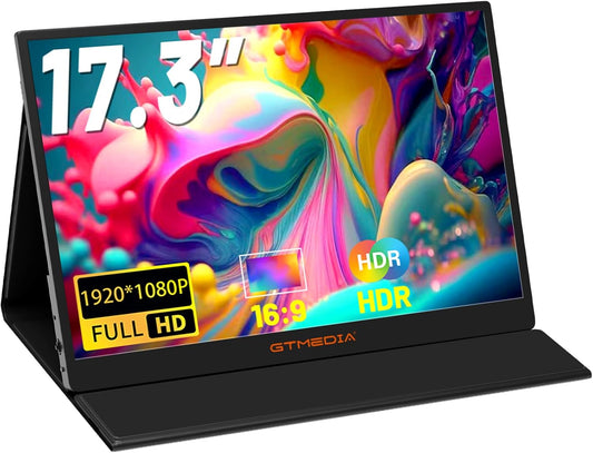 GTMEDIA Externe monitor 43,9 cm (17,3 inch), draagbaar, 60 Hz, snelle verfrissingssnelheid voor laptop, 1080p, IPS, FHD, draagbaar, multi-systeem, compatibel met HDMI/Type C, plug and play
