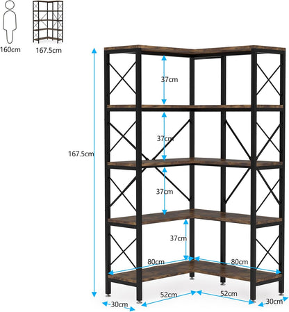 Tribesigns 5 Piece Corner Bookshelf, Large Modern Corner Book Shelf, 5 Tier Tall Corner Shelf, Metal Frame Storage Rack for Living Room, Home Office (Brown)