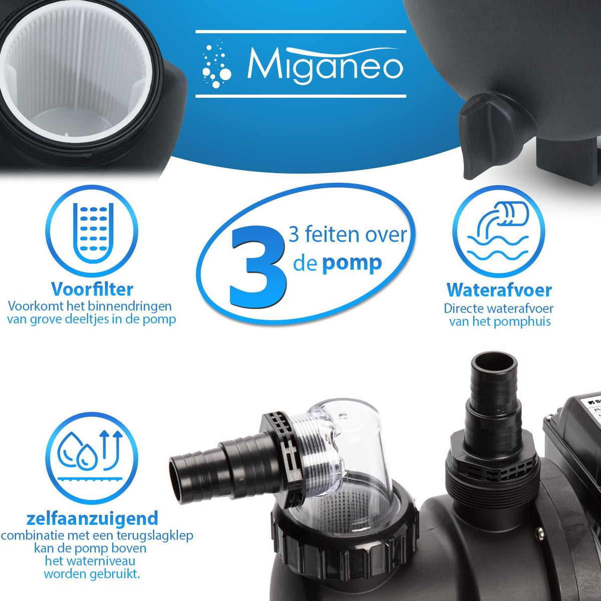 Miganeo Dynamic 10000 Pro zandfilter, zwart, 10.000 l/u, filtersysteem voor zwembaden, ketel 370 mm, zelfzuigmond