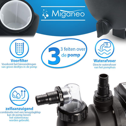 Miganeo Dynamic 10000 Pro zandfilter, zwart, 10.000 l/u, filtersysteem voor zwembaden, ketel 370 mm, zelfzuigmond