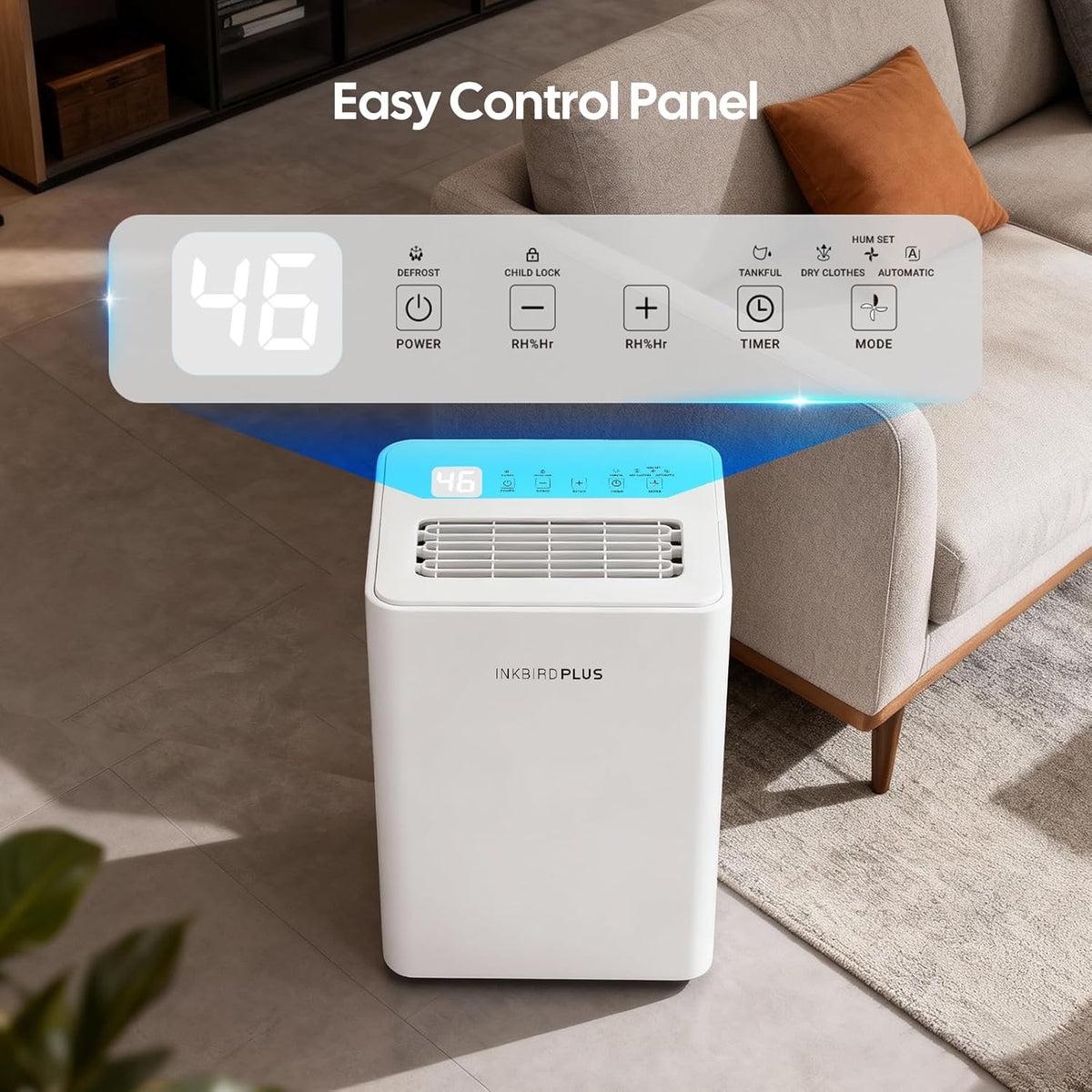 INKBIRDPLUS Home Dehumidifier, 12L/D Dehumidifier, 1800ml Water Tank, 3 Levels, Automatic Defrost, Timer and Child Lock, for Bedroom, Baby Room, Wardrobe, Closet, Basement