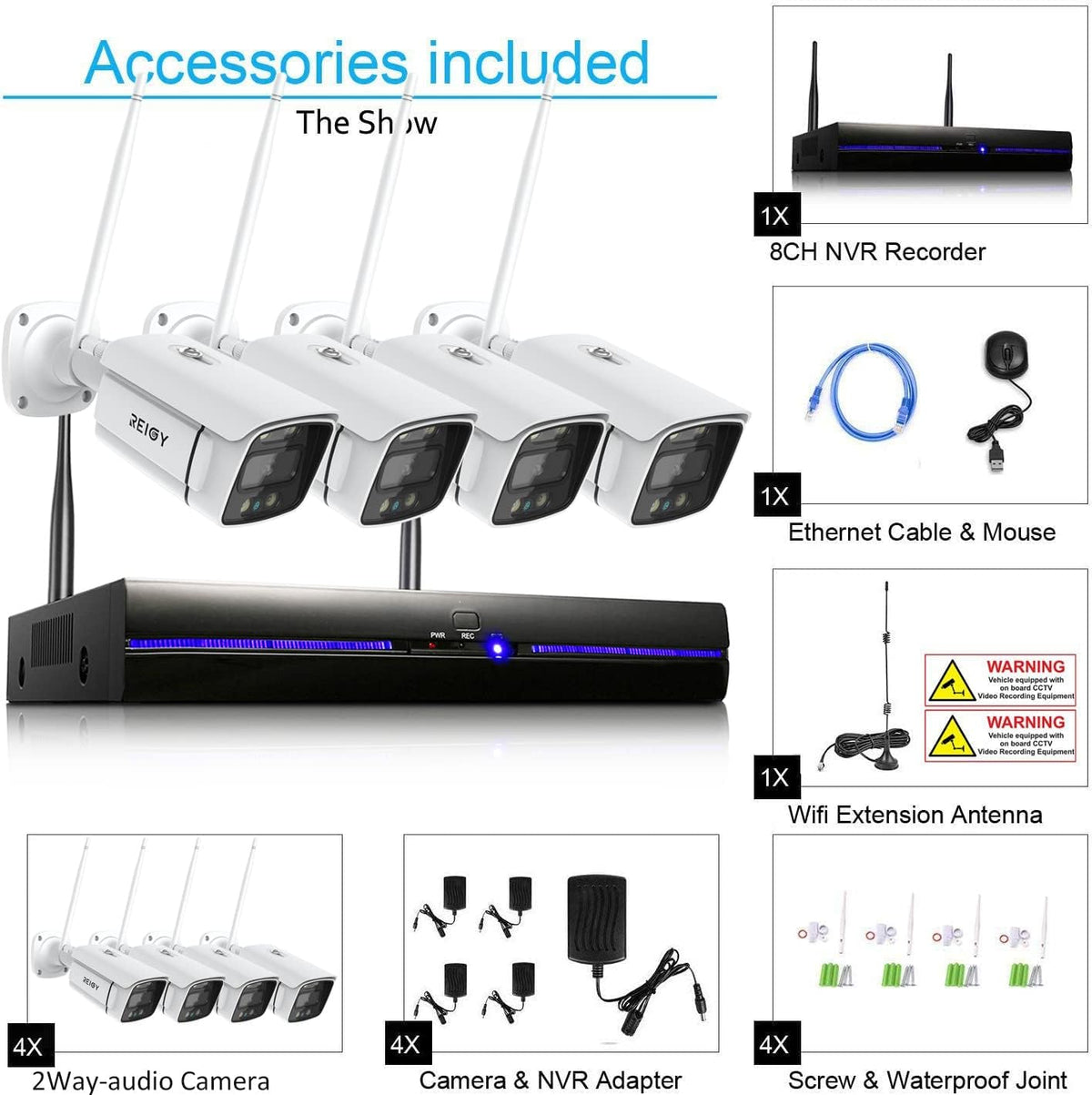 REIGY 3MP Bewakingscamera Systeem Buiten Wifi met Soptlight, Draadloze CCTV Camera System Outdoor, 8CH NVR+ 4x1296P Videobewakingsset met Tweeweg Audio Bewegingssensor, Harde Schijf Niet Inbegrepen