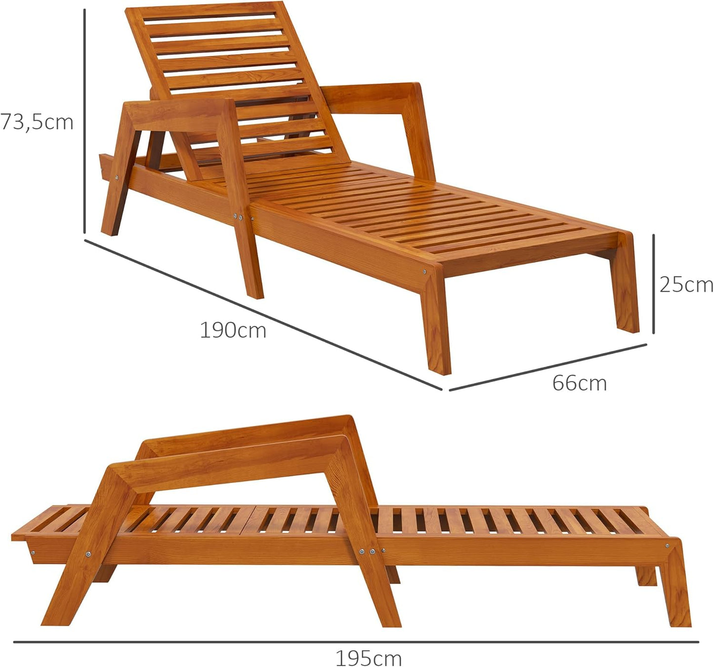 Outsunny Sun Lounger, Garden Lounger, Wood Lounger, Weatherproof, Relax Chair for Balcony, Patio, Load up to 120 kg, Orange, 66 x 190 x 73.5 cm - QUORE