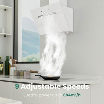 FIREGAS schuine afzuigkap 60 cm,energieklasse A+++, 684 m³/h, 9 standen,touch-en gebarenbediening, recirculatie/luchtafvoer, met LED-verlichting, inclusief actief koolstoffilter en afvoerslang,wit