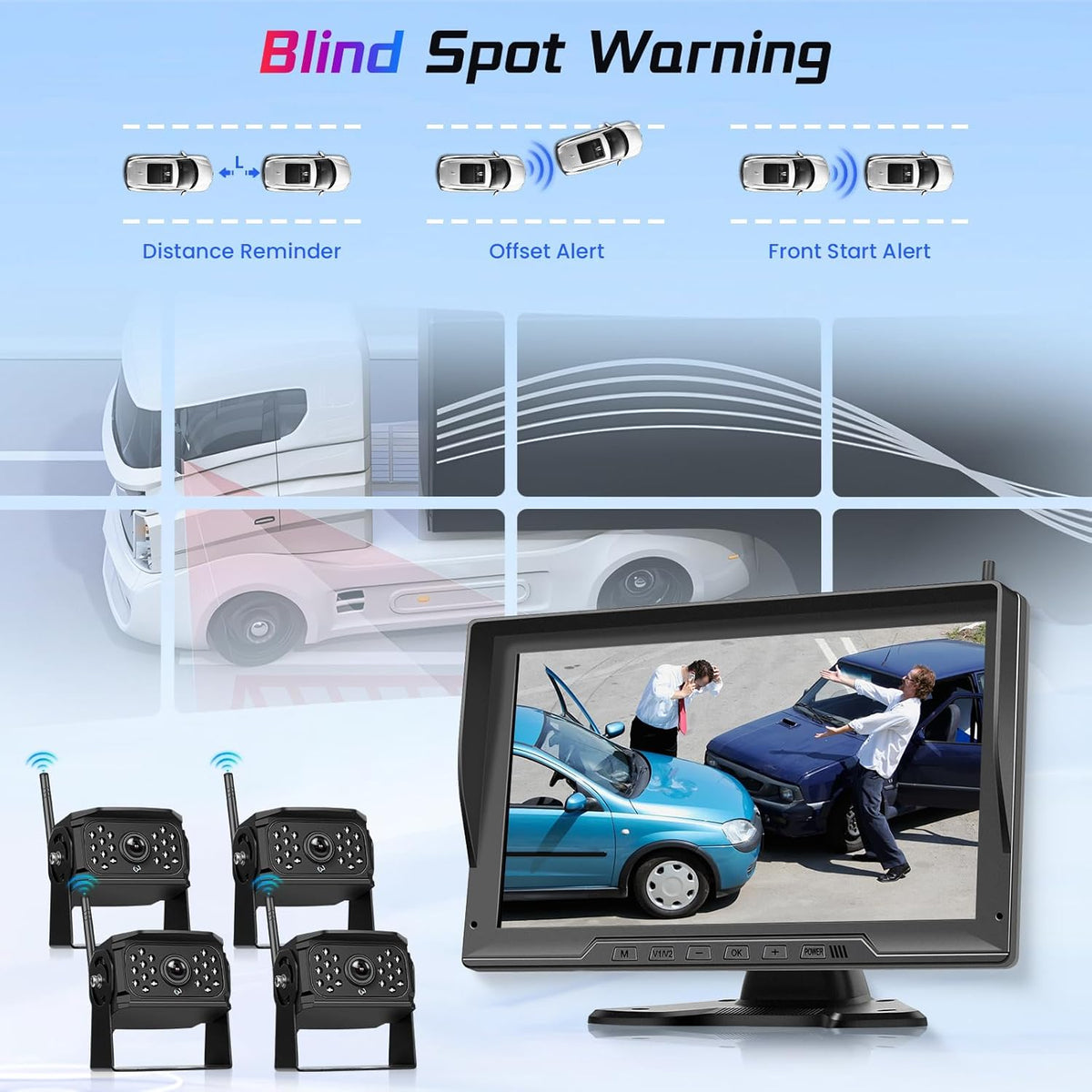 Wireless Rear Camera Set, 10.1 Inch Touch Screen, 4 Rear Cameras with DVR Recording, Night Vision, BSD, Waterproof IP68, Super Wide Angle for Trucks, Trailers, Vans, Buses - QUORE