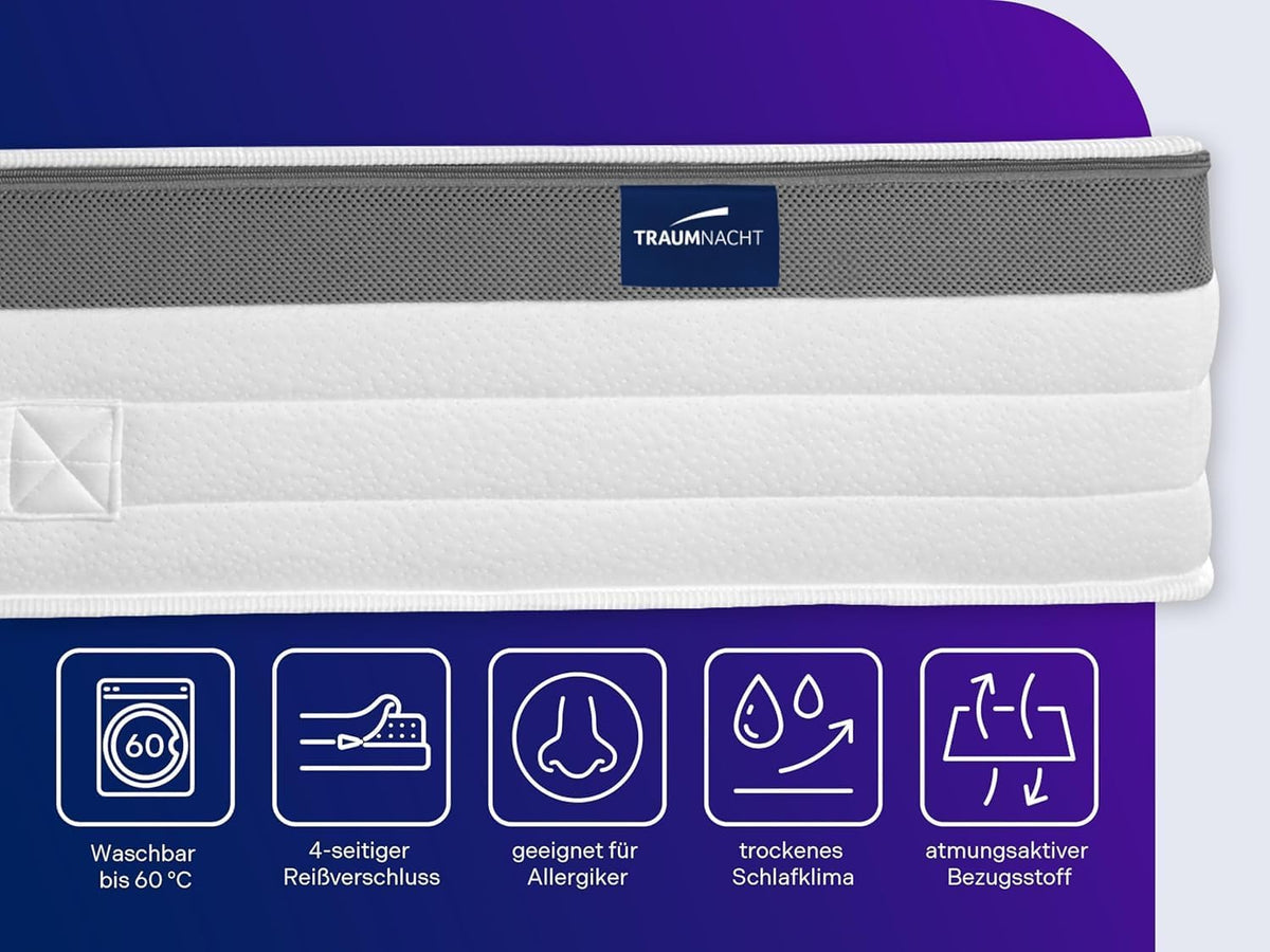 Traumnacht Exclusieve 7-zone 1.000 pocketveringmatras, Stiftung Warentest testoordeel goed - Uitgave 10/2023, 23 cm premium hoogte, Öko-Tex gecertificeerd, hardheidsgraad 3 (H3), 140 x 200 cm