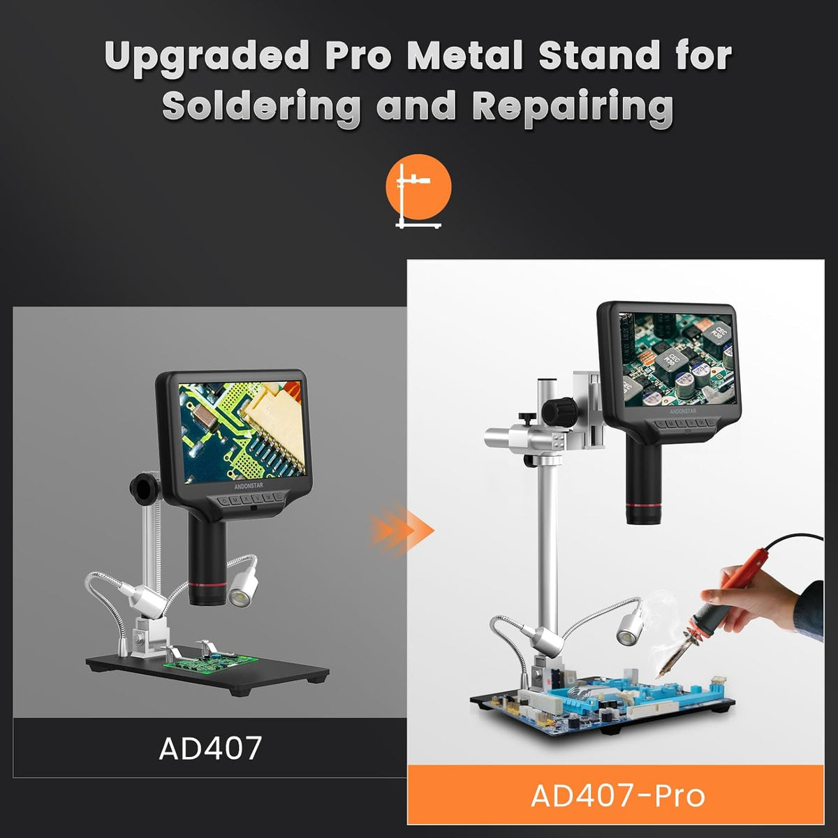 AD407 Pro 3D HDMI Soldering Digital Microscope, 4MP 2160P UHD Video Record, 7 inch Adjustable LCD Screen USB Video Electronic Microscopes for Repairing, Circuit Board, SMT SMD DIY