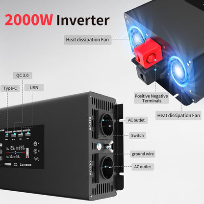 <font dir="auto" style="vertical-align: inherit;"><font dir="auto" style="vertical-align: inherit;">        DATOUBOSS 12V to 230V Pure Sine Wave Power Inverter 2000W/4000W with LCD EU Sockets, 2xUSB, QC3.0 Port, Type-C, 12V 230V Power Converters for Cars,