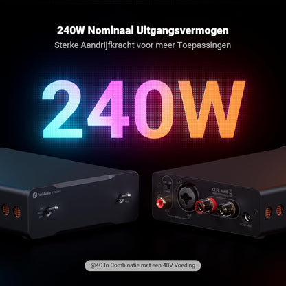 Fosi Audio V3 Mono Versterker Stereo HiFi 2/2.1/3/4/5 Kanaal, Klasse D Versterker, TPA3255 240W voor Home Theater Buiten Desktop Boekenplank Luidsprekers RCA/XLR Gebalanceerde Ingangen, met 48V 5A