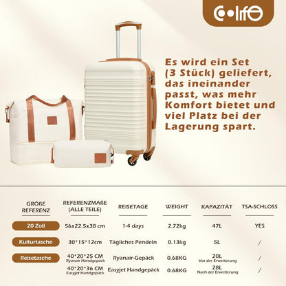 COOLIFE Set van 6 harde reiskoffers met uittrekbare reistas voor sport en toilettas, kofferset, TSA-familieslot en 360° wielen, Zwart Bruin, Bagage à Main, Harde koffer reiskoffer
