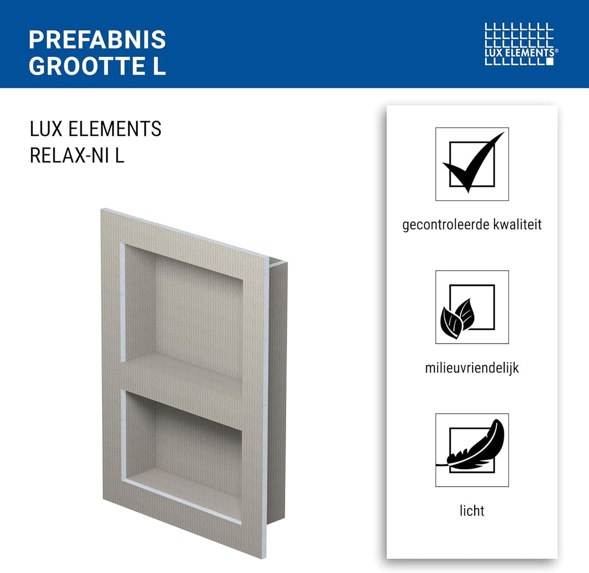 LUX ELEMENTS Wand nis douche klaar om te betegelen 55,9 x 40,6cm I Prefab douchenis ﻿incl. 1 tussenschot I ﻿Plaatsbesparende planchetmogelijkheid