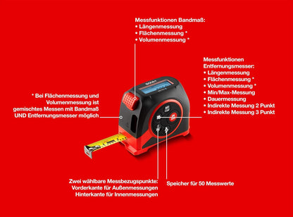 SOLA Metec – 2 in 1: digitaal meetlint (5 m) en afstandsmeter (20 m) – rolbandmaat digitaal met lcd-display en 7 meetfuncties – overdracht van de meetwaarden naar smartphone-app
