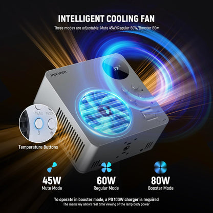 NEEWER 80W RGBWW LED videolamp met reflector en 72Wh accu, APP/2.4G besturing 18 effecten 10400lux/m 2500K-7500K 100W PD snel opladen Mini RGB COB continu licht Bowens houder HB80C
