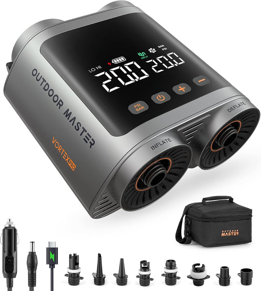 OutdoorMaster Vortex Pro 57,7 Wh, oplaadbaar, draagbare peddelpomp, elektrische pomp voor 3 SUP's, opblazen en leeglopen, max. 20 psi 12 V/15,8 V DC & type C-ingang, 8 sproeiers voor opblaasbare
