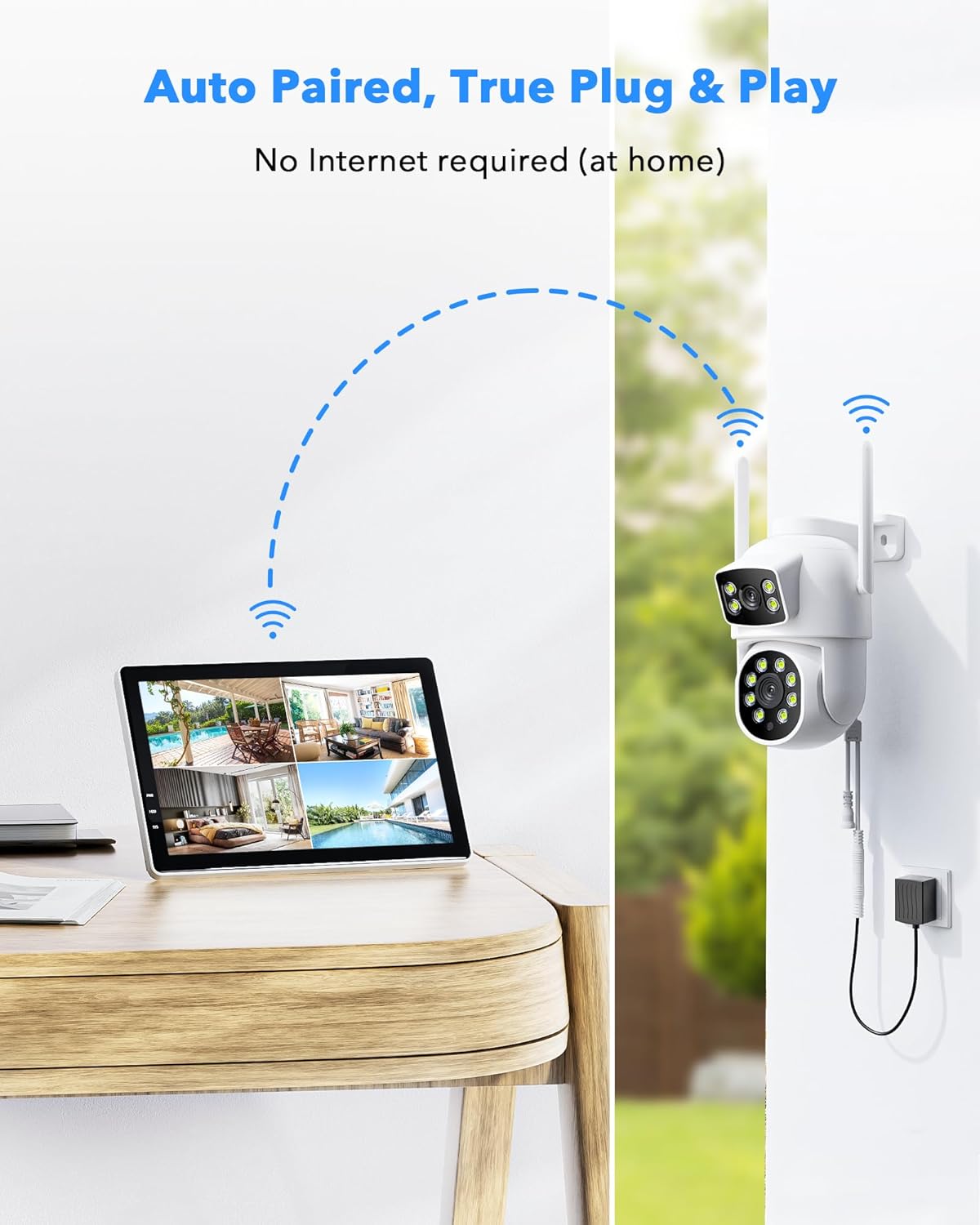 CAMCAMP WiFi bewakingscameraset 10CH 4K NVR met 10'' monitor, 500GB HDD, 2MP PTZ IP-camera met stekker, nachtzicht in kleur, tweerichtingsaudio, automatische detectie en tracking, HDMI