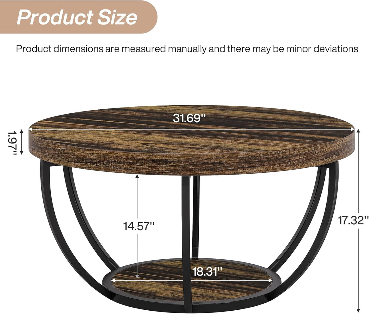 Tribesigns Round Coffee Table, Industrial 2 Tier Circle Coffee Table with Storage Shelves, Modern Wooden Accent Center Table Sofa Side Table for Living Room, Rustic Brown and Black