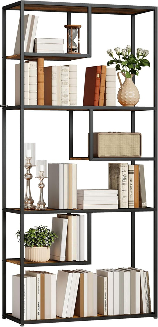 HOMCOM Bookcase, 7-Tier Standing Shelf, Storage Shelf, Industrial Design, Kitchen Shelf, Tilt Protection for Living Room, Bedroom, Steel, Rustic Brown - QUORE