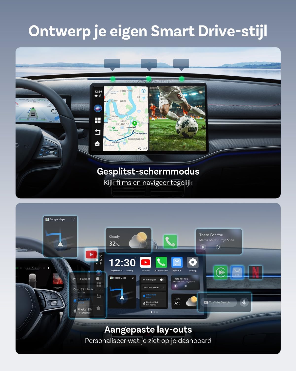 Draadloze CarPlay Adapter – Android Auto Interface – Auto Multimedia Systeem – Smart Car Hub – Android 13 Besturingssysteem – 4GB RAM & 64GB Opslag – Netflix en YouTube Streaming – WiFi & 4G SIM Connectivity