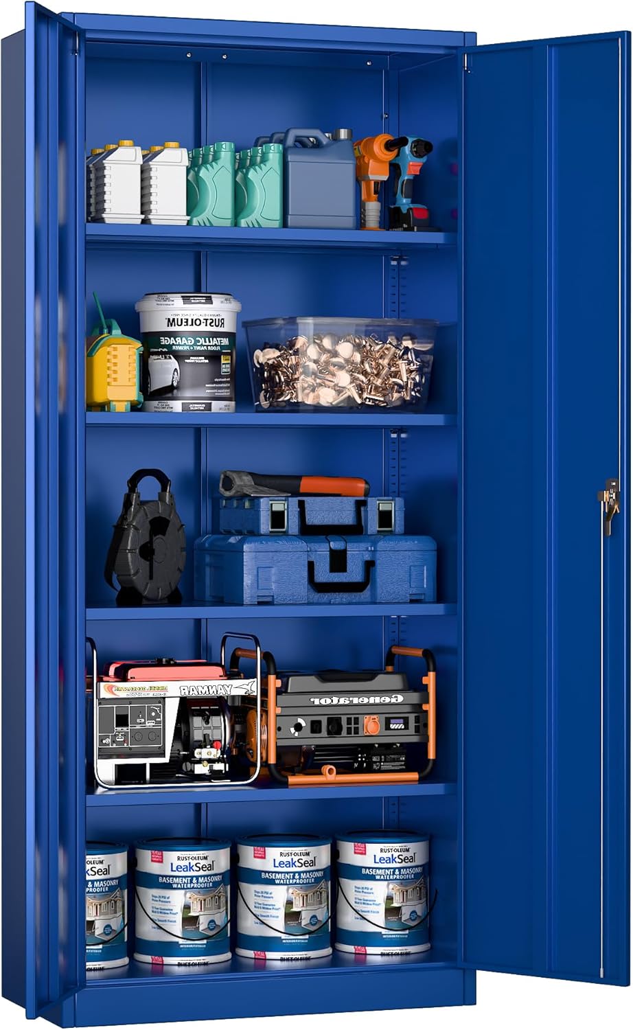 Metalen opbergkast met 2 deuren en 4 verstelbare planken, 180 cm hoge stalen kast voor magazijn, garage, huis, kantoor, eenvoudig te monteren vereist (blauw)