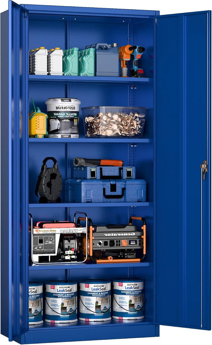 Metalen opbergkast met 2 deuren en 4 verstelbare planken, 180 cm hoge stalen kast voor magazijn, garage, huis, kantoor, eenvoudig te monteren vereist (blauw)