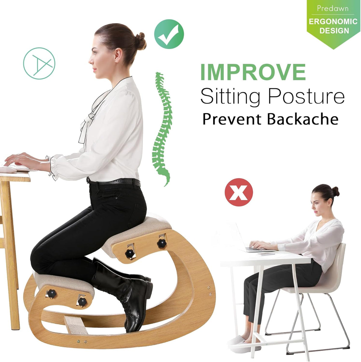 Predawn Ergonomische kniestoel voor rechte houding, kniekruk voor thuis, kantoor en meditatie, hout en linnen kussen (wit eiken)