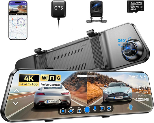 AZDOME 4K Dual Lens Spiegel Dash cam 12 ''IPS Full Touchscreen, 4K+1080P Voor en Achter 1080P IP68 Auto Camera met [Dual Cam Display] Nachtzicht WDR Parkeermodus Loop Opname G-sensor