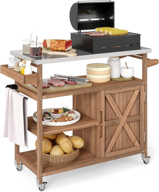 FANTASK Grillwagen voor buiten, serveerwagen met roestvrijstalen plaat, planken, kast & kruidenrek op wielen voor BBQ, 130 x 47 x 92 cm (2 deuren: 130 x 47 x 92 cm)