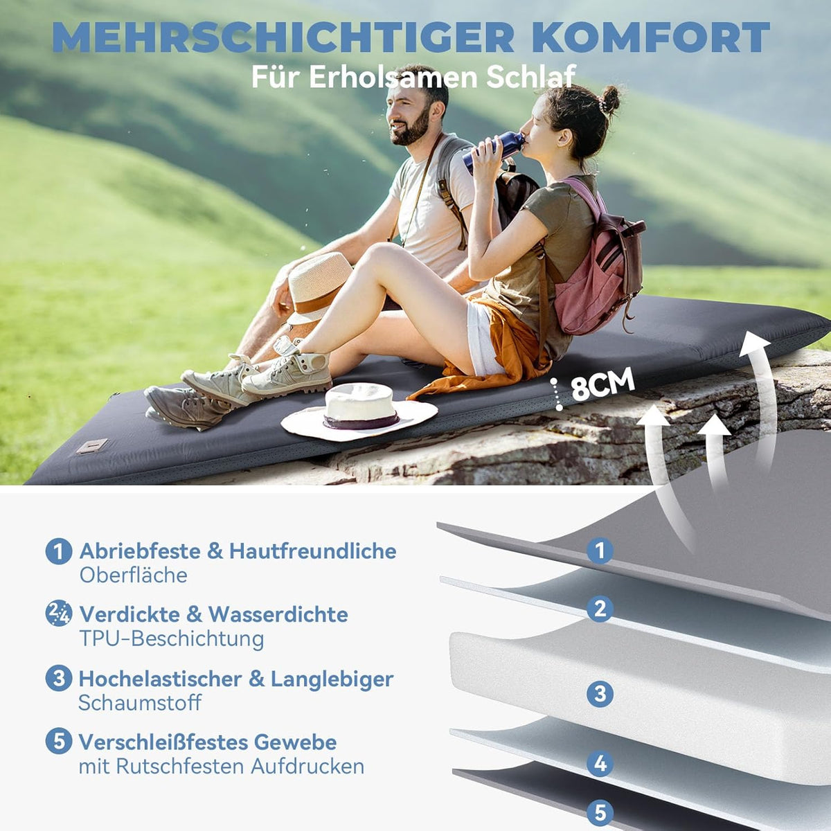 HIKENTURE Dubbele slaapmat, zelfopblazend met ingebouwde elektrische pomp, 8 cm dik campingmatras van schuim, zelfopblaasbare luchtmatras met kussen, slaapmat voor outdoor, tent, auto - B1