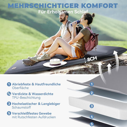 HIKENTURE Dubbele slaapmat, zelfopblazend met ingebouwde elektrische pomp, 8 cm dik campingmatras van schuim, zelfopblaasbare luchtmatras met kussen, slaapmat voor outdoor, tent, auto - B1