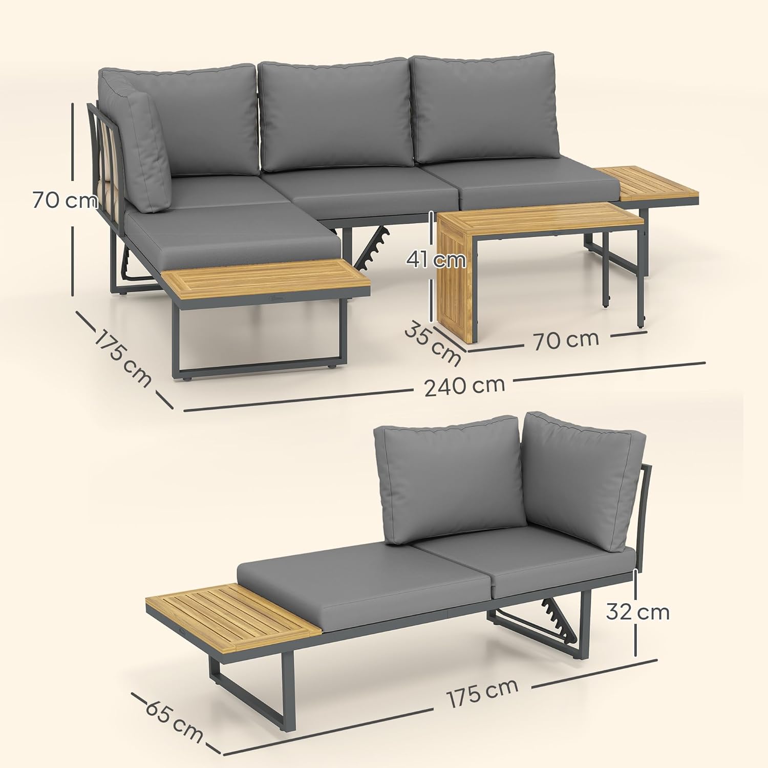 Outsunny Akazienholz Gartenmöbel Set 6 Persons L-Förmig Gartenlounge mit Eckbank verstellbar Rückenlehne Beistelltisch Kissen Balkonmöbel-Set Outdoor Sitzgruppe für Garten Terrasse Balcony Hellgrau - QUORE