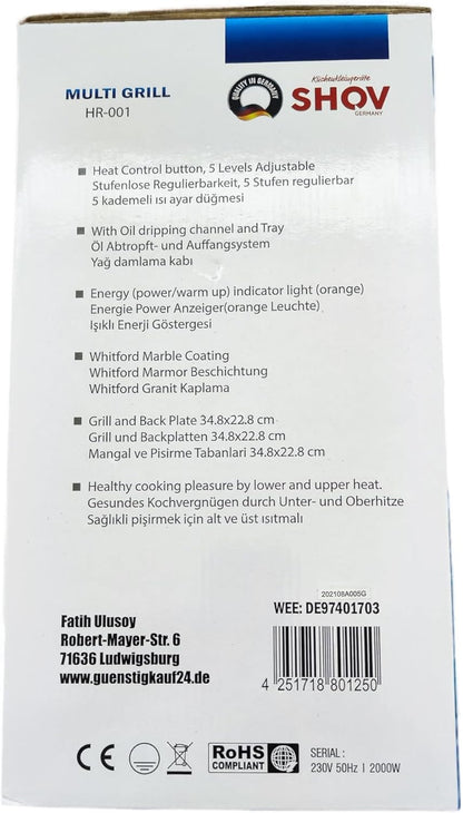 SHOV Contactgrill, multifunctioneel, Tandur, broodrooster, elektrisch, met of zonder pan, tava, graniet of teflon om uit te kiezen voor grillen, braden en meer voor elke keuken (teflon)