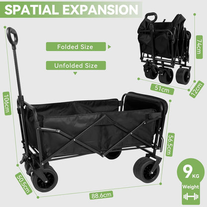 Opvouwbare trolley met wieltjes, campingwagen, grote capaciteit van 98 l - 200 l, met verstelbare handgreep, ideaal voor vakanties, kamperen (zwart - 145 l)