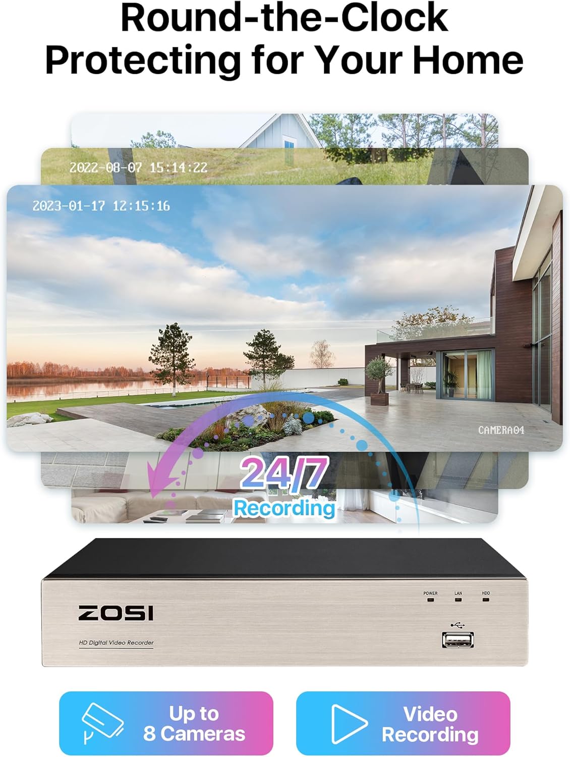 ZOSI 1080p Video Bewakingscamera Set voor Buiten 8CH 1TB DVR met 4 Outdoor 2MP Camerasystemen, Bewegingsdetectie, App E-mail Alarm