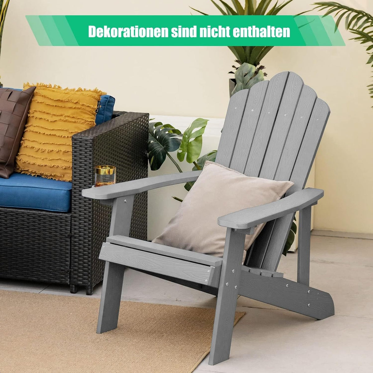FANTASK Adirondack stoel met bekerhouder, weerbestendige tuinstoel, tuinstoel van kunststof, 170 kg draagvermogen, lichtgrijs